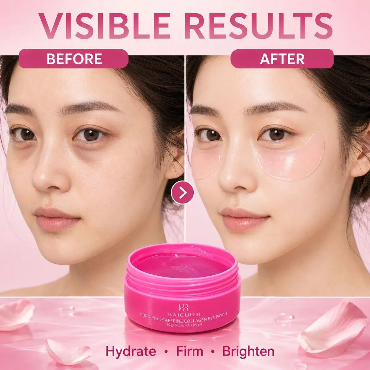 60Pcs PDRN Pink Caffeine Collagen Eye Patch, Hydrate Firm Brighten Reduce Dark Circles Eye Skin Care