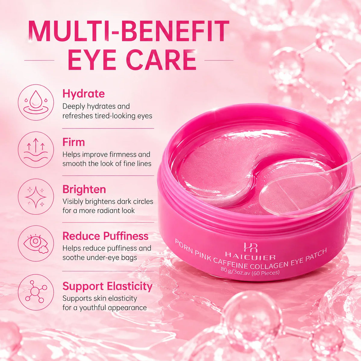 60Pcs PDRN Pink Caffeine Collagen Eye Patch, Hydrate Firm Brighten Reduce Dark Circles Eye Skin Care