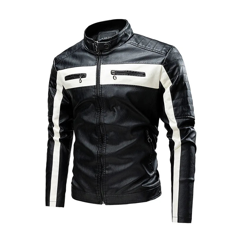 Motorcycle Jacket Leather Men Coat Bomber Waterproof Warm Fashion Splicing Vintage Stand Collar Riding Black Long Jacket Plus