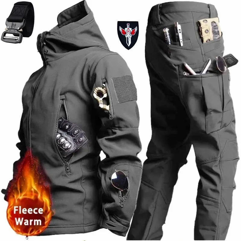 Free Belt 2024 Shark Skin Soft Shell Winter Plush Thickened Mountaineering Tactics Keep Warm Waterproof Anti-cutting Charge Suit