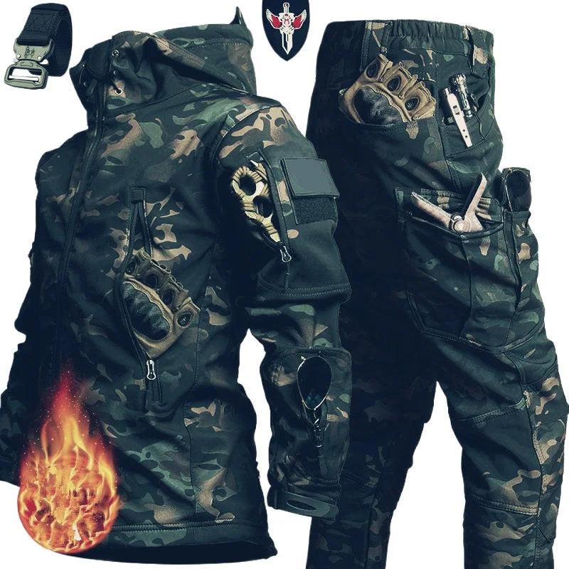 Free Belt 2024 Shark Skin Soft Shell Winter Plush Thickened Mountaineering Tactics Keep Warm Waterproof Anti-cutting Charge Suit